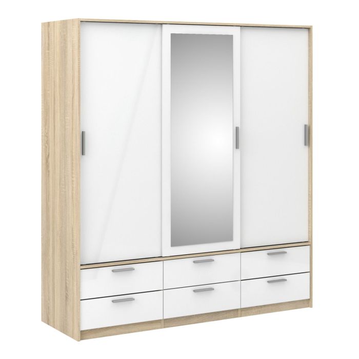 Line Sliding Wardrobe - 3 Doors 6 Drawers in Oak with White High Gloss
