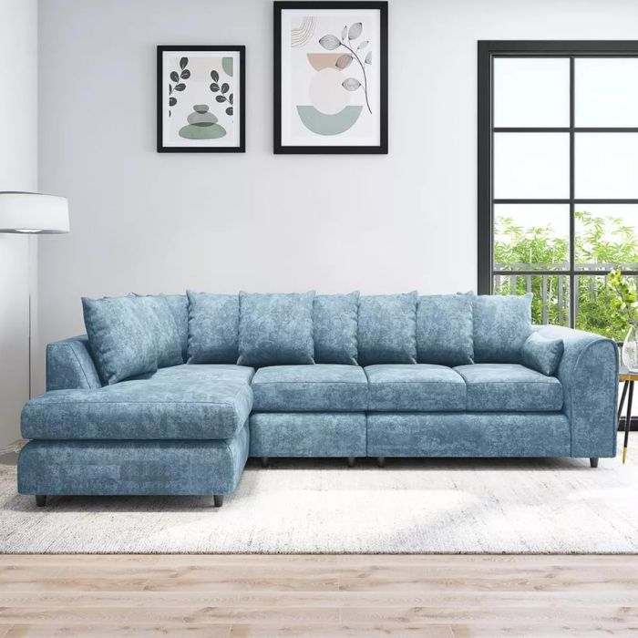 LORVANI Fabric Large 5 Seater L Shaped Scatterback Corner Sofa - Sky Blue, Left Hand Facing