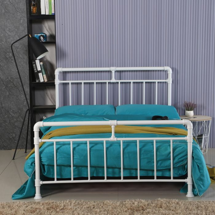 Industrial Look Metal PIPE Bed - Standard Double 4ft6 - White