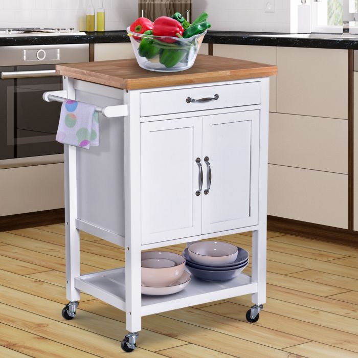 Kitchen Storage Trolley with a Wooden Worktop in White
