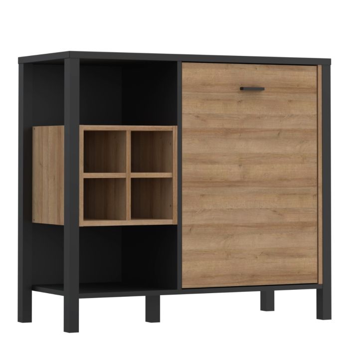 Broxtowe Matt Black Metal Frame Display Cabinet with Door and 4 Open Storage - Riviera Oak