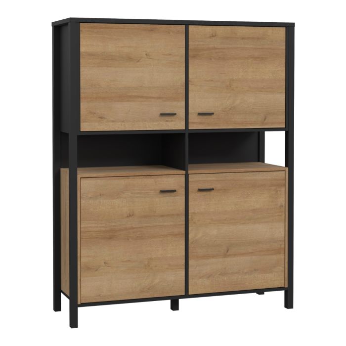 Broxtowe Matt Black Metal Frame Storage Cabinet with 4 Doors and Shelf - Riviera Oak