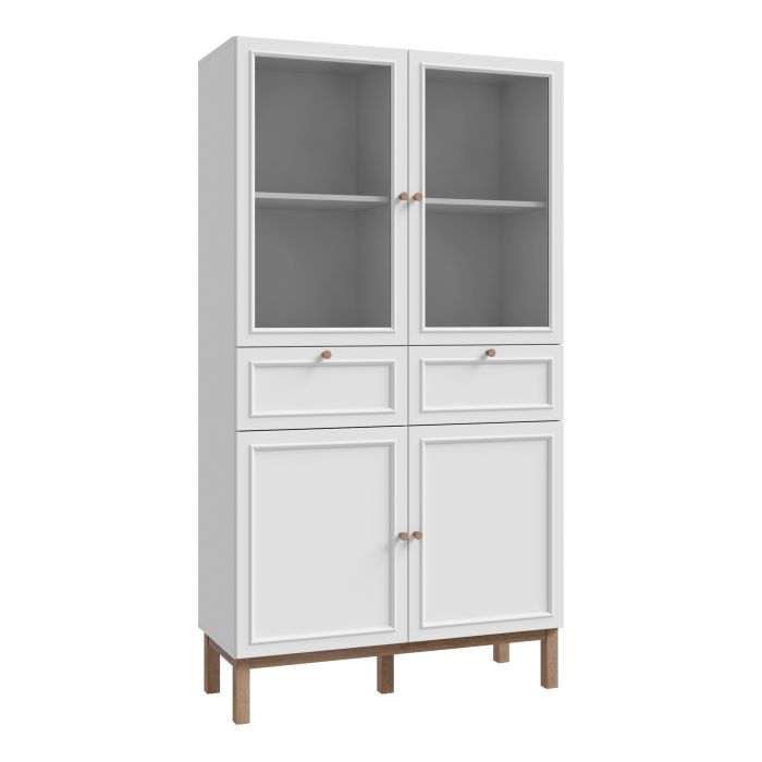 WOFUS Display Cabinet with 2 Doors 2 Drawers and 2 Glass Doors in Light Grey and Oak