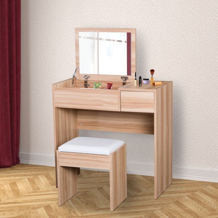 Flip Up 1 Drawer Dressing Table and Stool Set - Natural Wood or White - Natural Wood