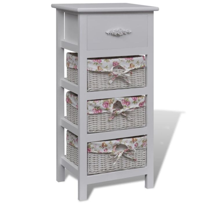 Cabinet with 1 Drawer and 3 Baskets White Paulownia Wood