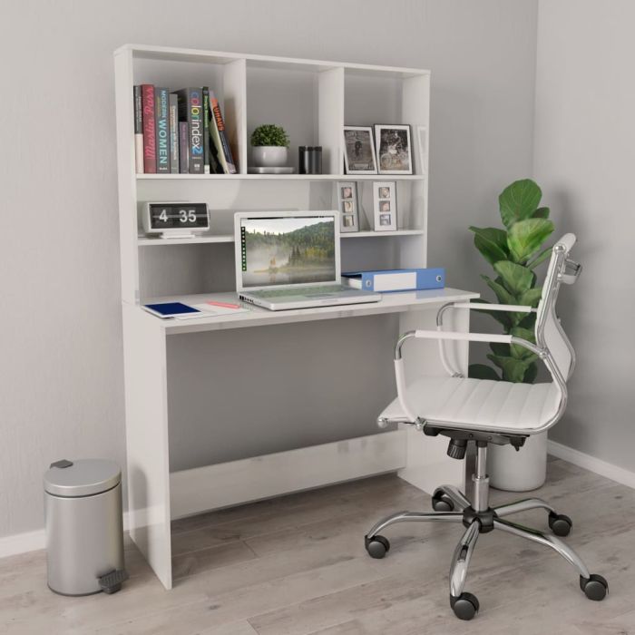 Desk with Shelf High Gloss White 110x45x157 cm Engineered Wood