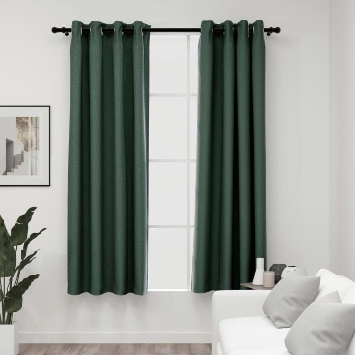 Linen-Look Blackout Curtains with Grommets 2pcs Green 140x175cm