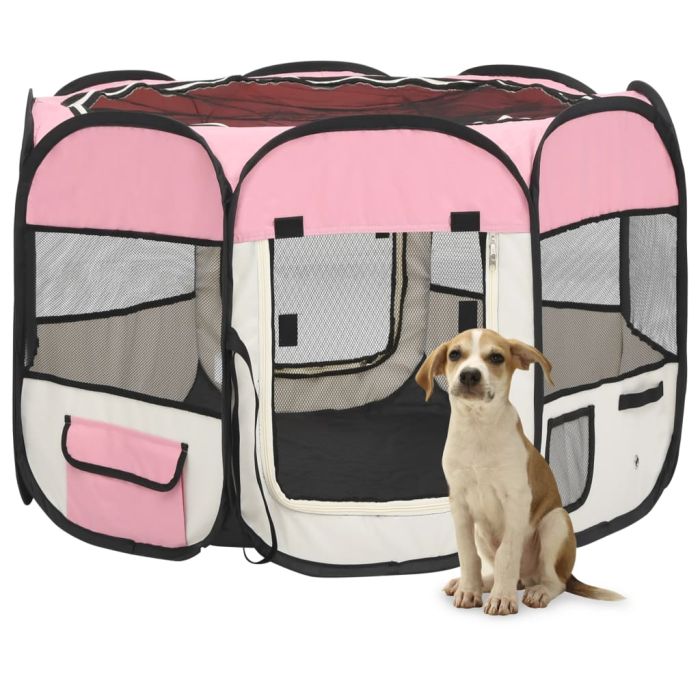 Foldable Dog Playpen with Carrying Bag Pink 90x90x58 cm