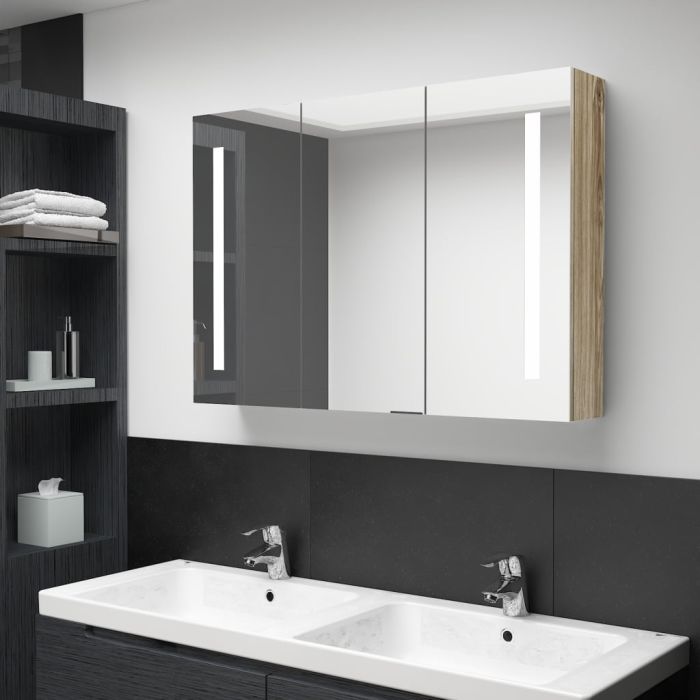 LED Bathroom Mirror Cabinet 89x14x62cm Oak