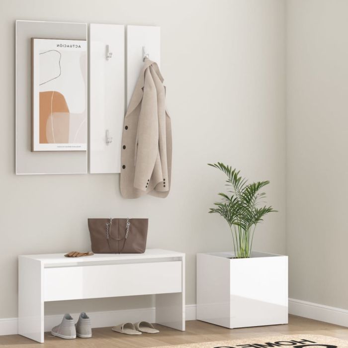 Hallway Furniture Set High Gloss White Engineered Wood - Chen