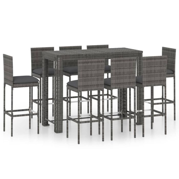 9 Piece Garden Bar Set with Cushions Poly Rattan Grey