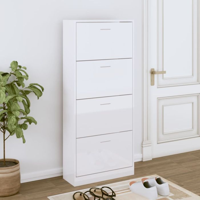 Shoe Cabinet High Gloss White 63x24x147cm Engineered Wood