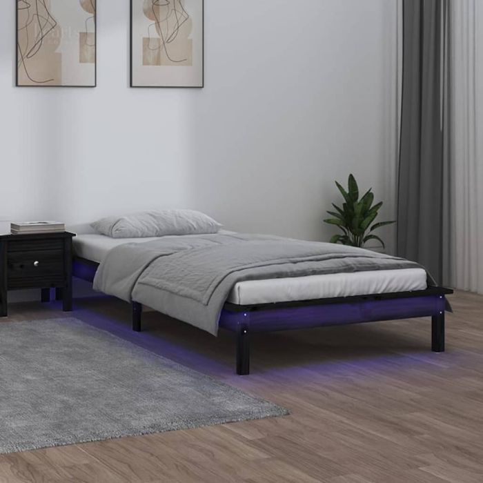 LED Bed Frame Black 90x200 cm Solid Wood
