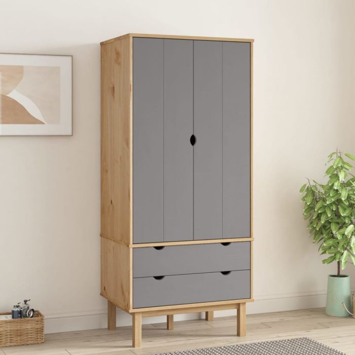 Wardrobe - OLIVER 2 Door 2 Drawer Wardrobe Brown and Grey 76.5cm