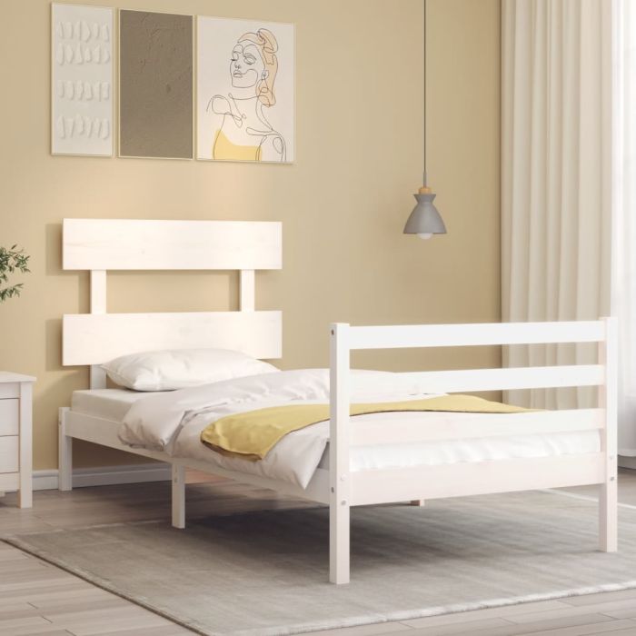 Bed Frame with Headboard White Single Solid Wood