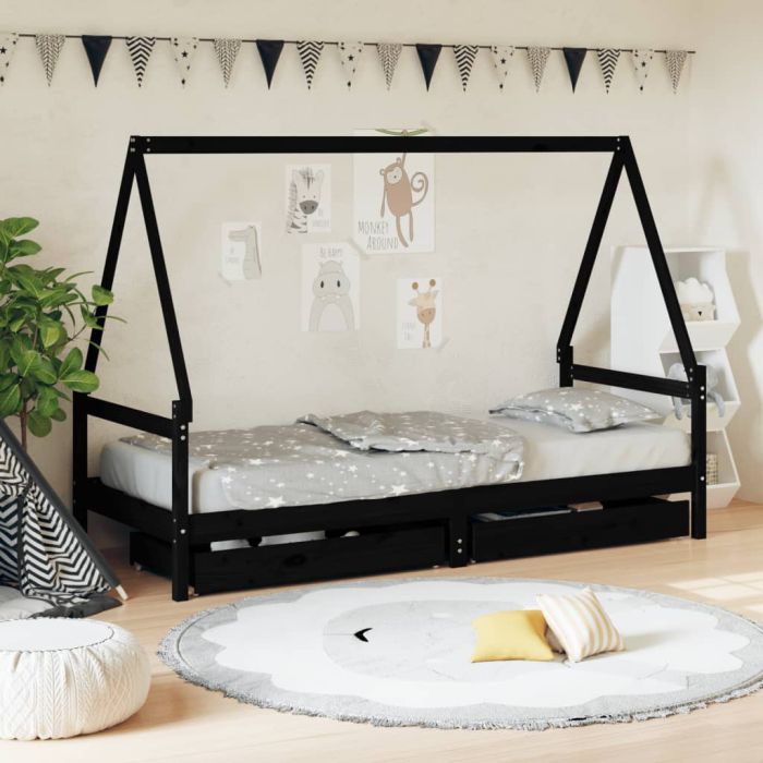 Kids Bed Frame with Drawers Black 90x200cm Solid Wood Pine