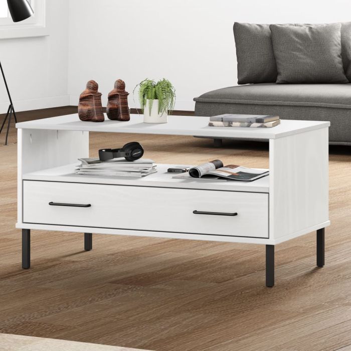Coffee Table with Metal Legs White 85x50x45cm Solid Wood OSLO