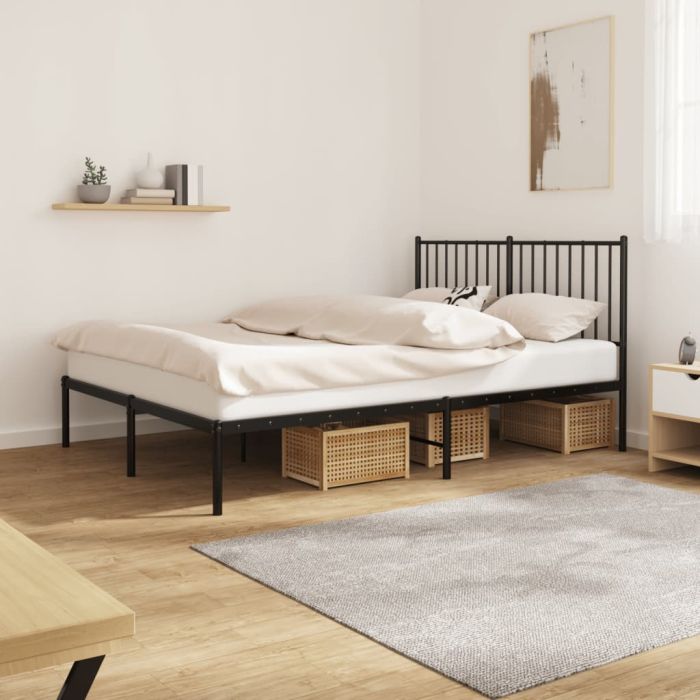Metal Bed Frame with Headboard Black 140x190 cm