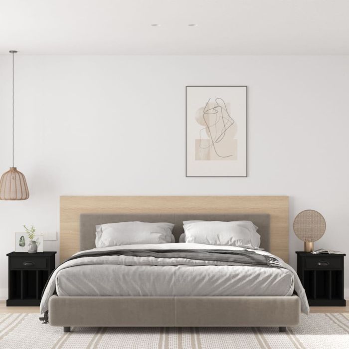 Bedside Table - HONOLULU 2 Piece Nightstand Black 43cm
