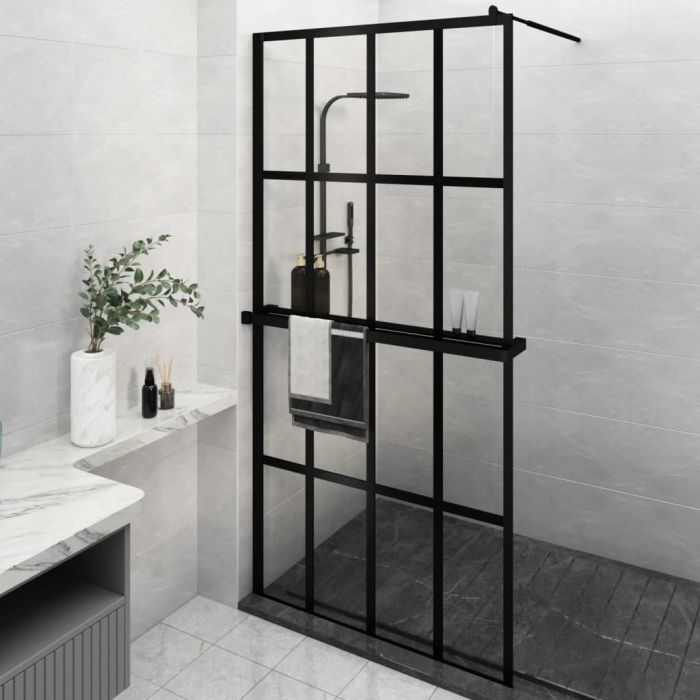 Walk-in Shower Wall with Shelf Black 118x190cm ESG Glass and Aluminium