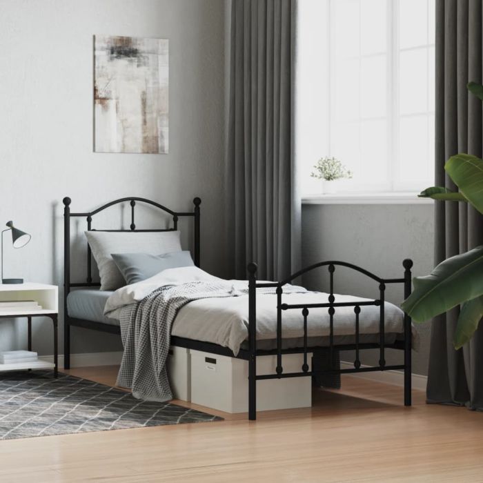 Metal Bed Frame with Headboard and Footboard Black 90x200 cm