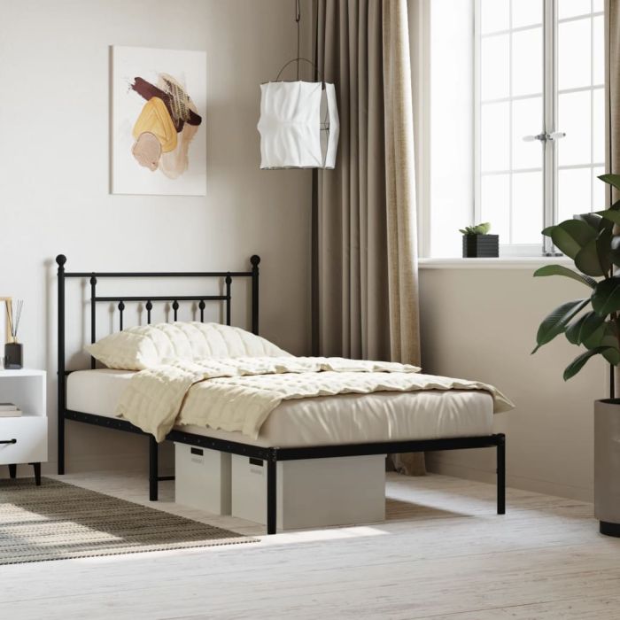 Metal Bed Frame with Headboard Black 100x190 cm