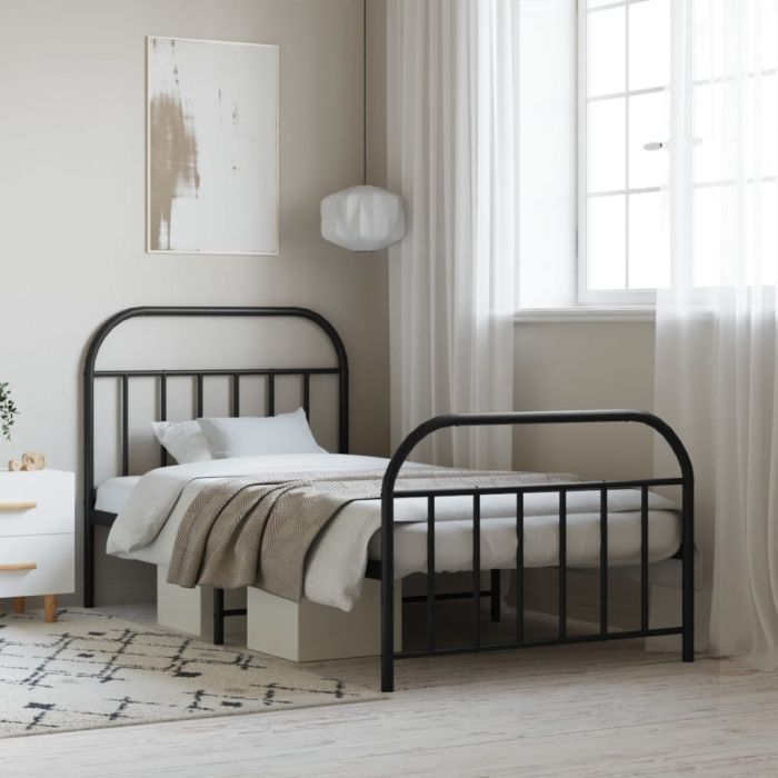 Metal Bed Frame with Headboard and Footboard Black 100x190 cm