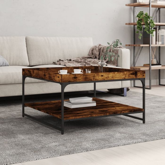 Coffee Table Smoked Oak 80x80x45 cm Engineered Wood and Iron