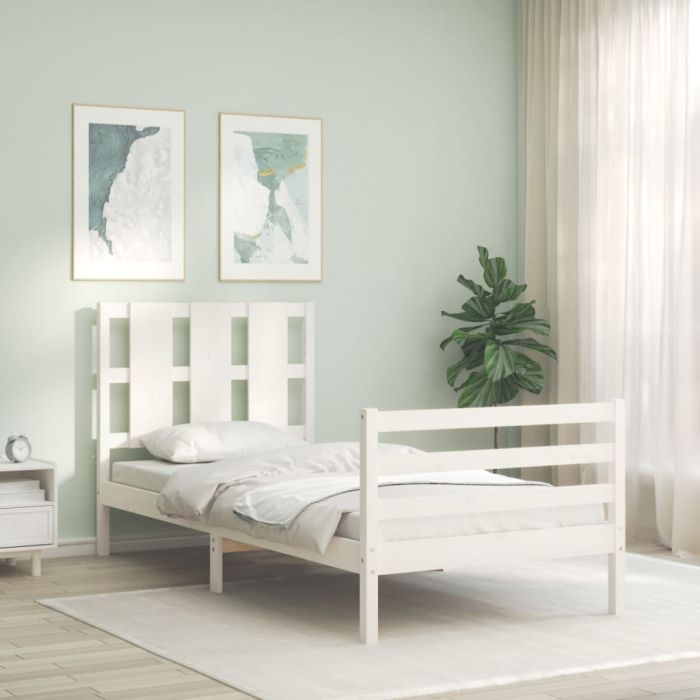 Bed Frame with Headboard White Single Solid Wood