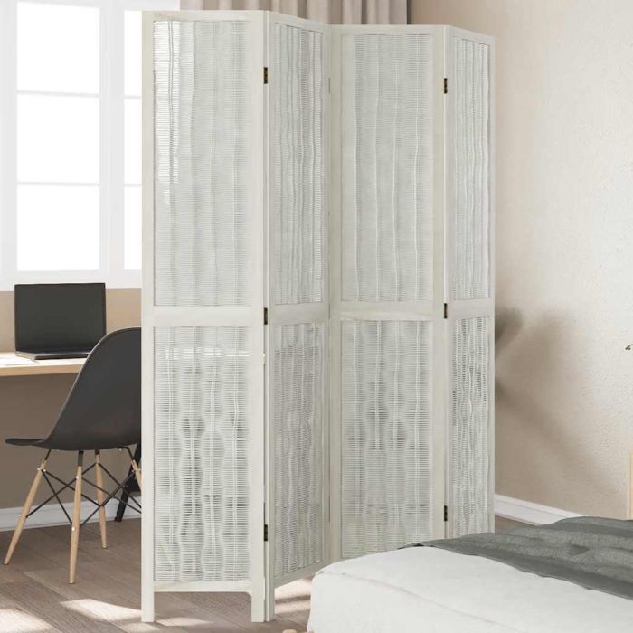 Room Divider 4 Panels White Solid Wood Paulownia - vid-358675