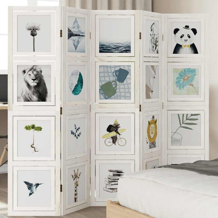Room Divider 5 Panels White Solid Wood Paulownia - vid-358693