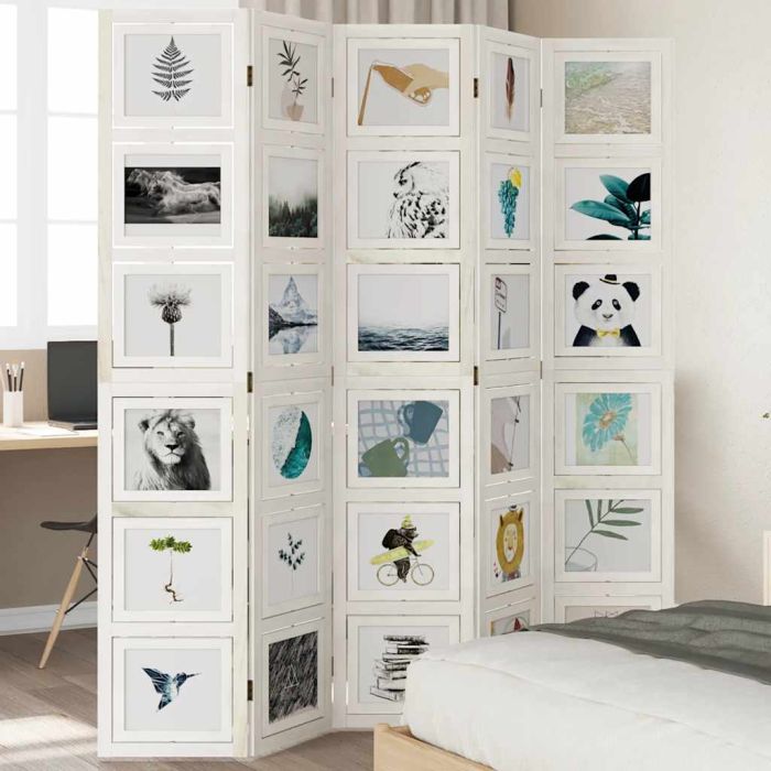 Room Divider 5 Panels White Solid Wood Paulownia - vid-358695