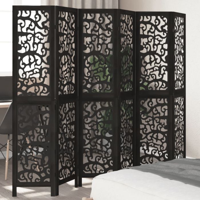 Room Divider 6 Panels Black Solid Wood Paulownia - vid-358762