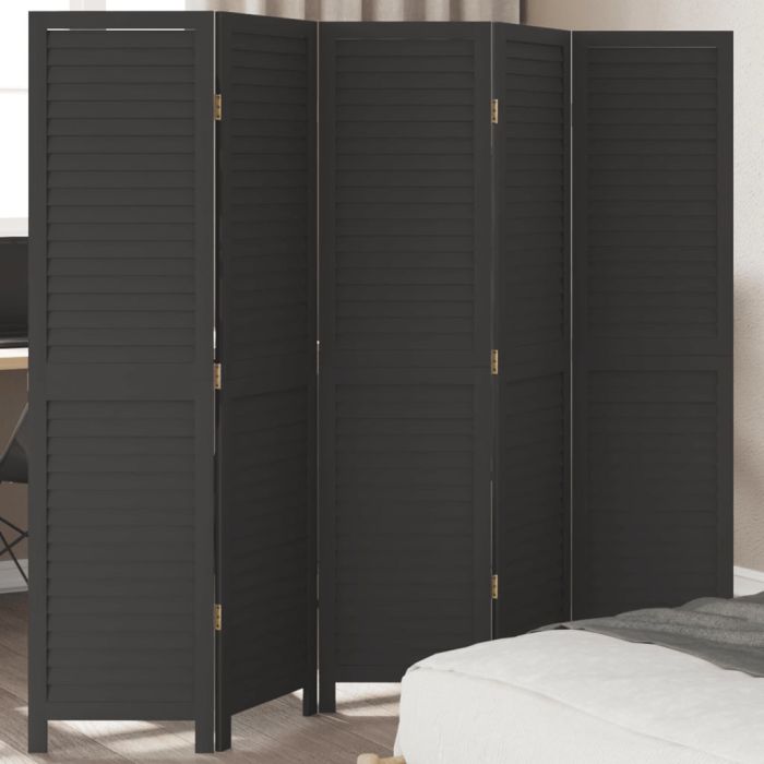 Room DividerÂ 5 Panels Black Solid Wood Paulownia