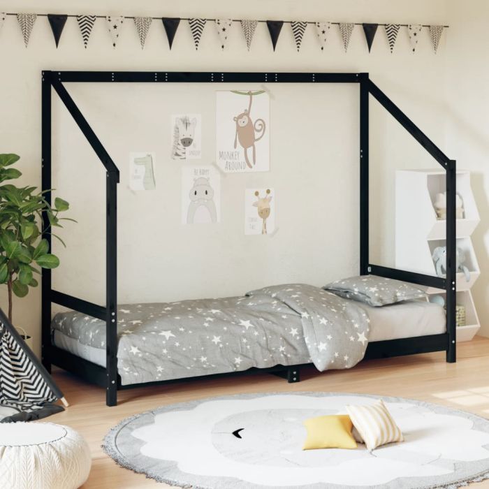Kids Bed Frame Black 80x200cm Solid Wood Pine