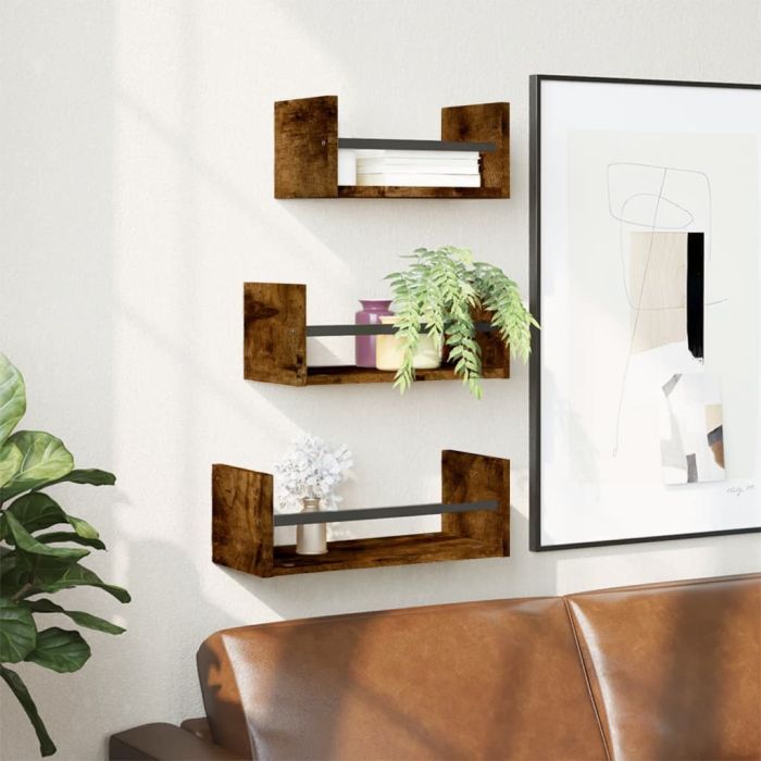 3 Piece Wall Shelf Set with Bars Smoked Oak Engineered wood