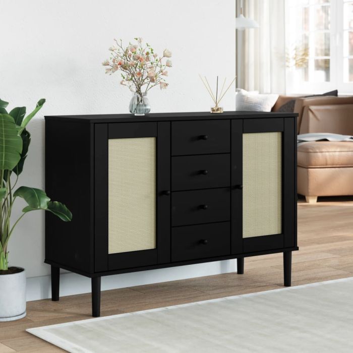 Sideboard SENJA Rattan Look Black 112x40x80 cm Solid Wood Pine