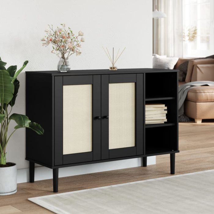 Sideboard SENJA Rattan Look Black 112x40x80cm Solid Wood Pine