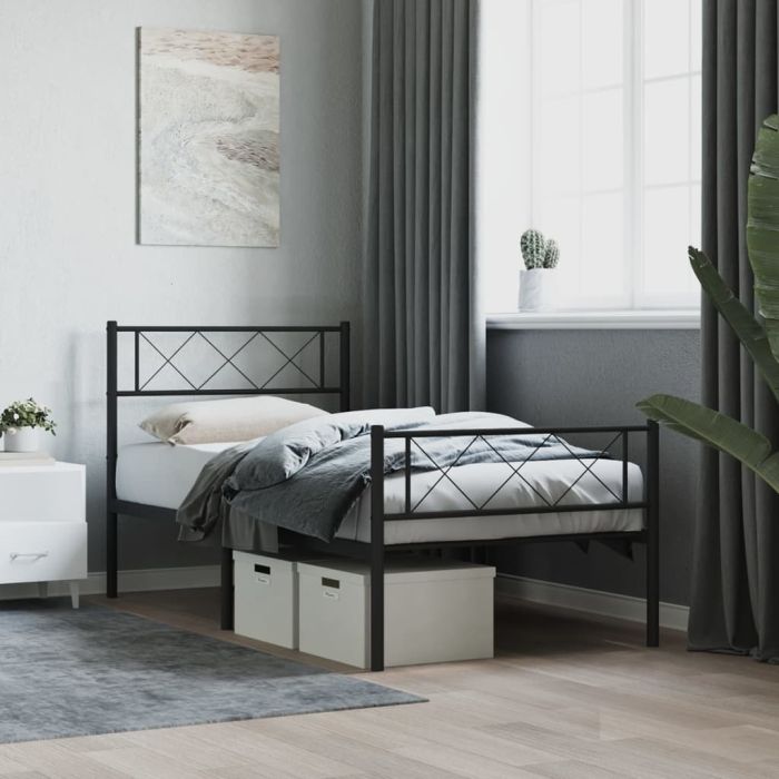 Metal Bed Frame with Headboard and Footboard Black 90x200 cm