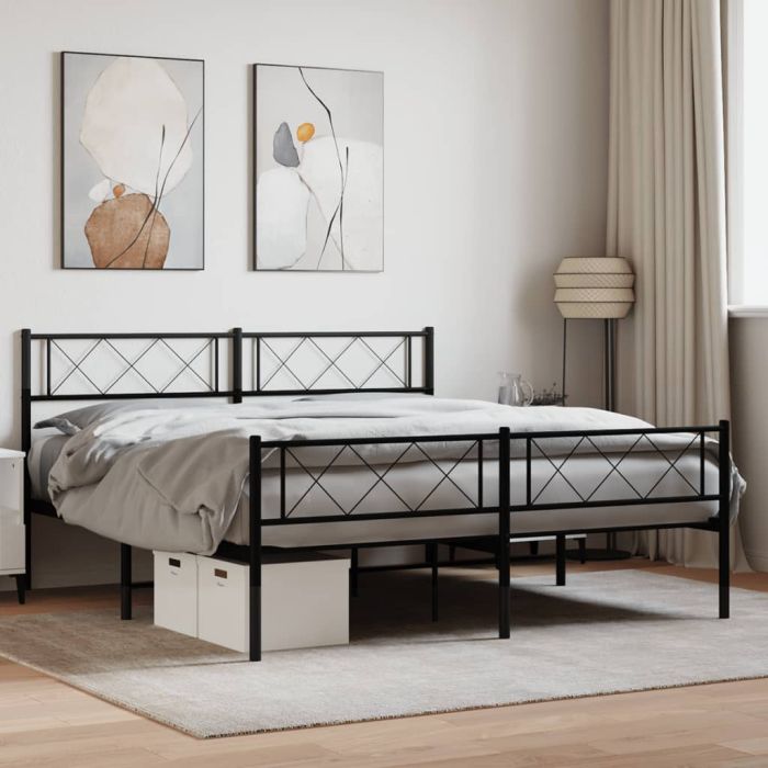 Metal Bed Frame with Headboard and Footboard Black 135x190 cm 4FT6 Double
