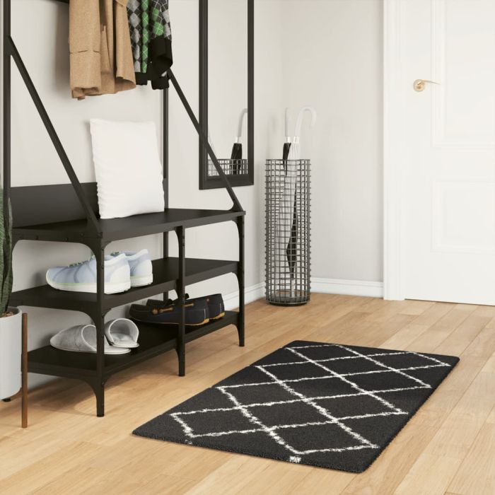 Shaggy Rug High Pile Modern Black and Cream 60x110cm