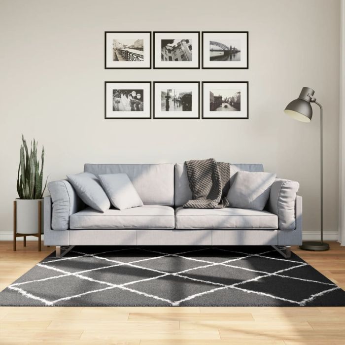 Shaggy Rug High Pile Modern Black and Cream 160x160cm