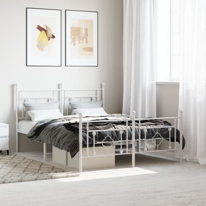 Metal Bed Frame with Headboard and Footboard White 135x190 cm Double