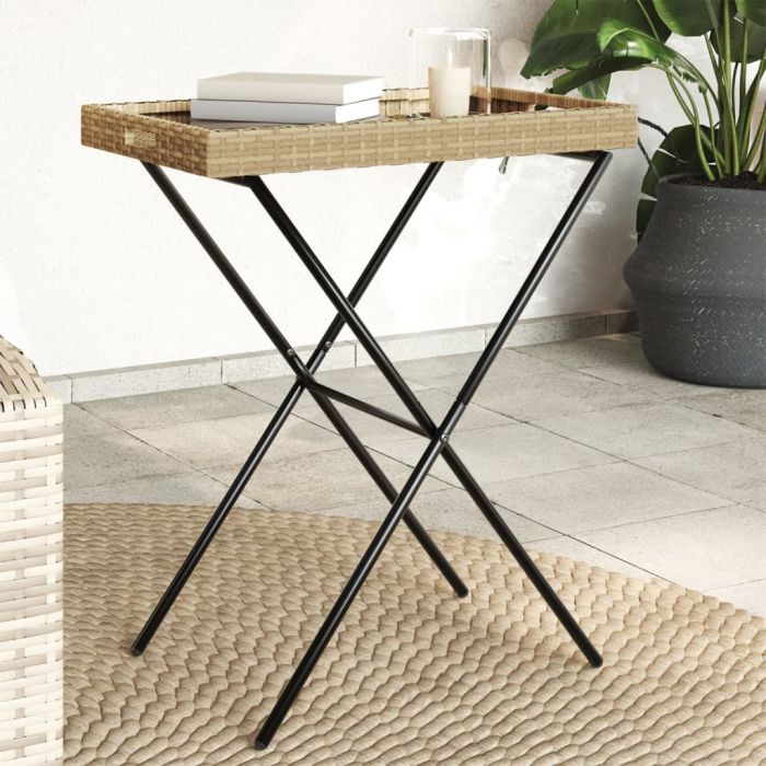 Folding Tray Table Beige 65x40x75 cm Poly Rattan