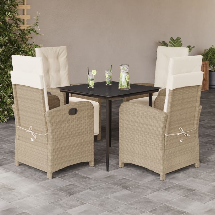 5 Piece Garden Dining Set with Cushions Beige Poly Rattan