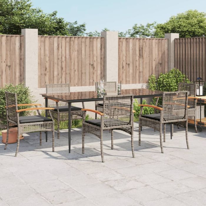 7 Piece Garden Dining Set with Cushions Grey Poly Rattan