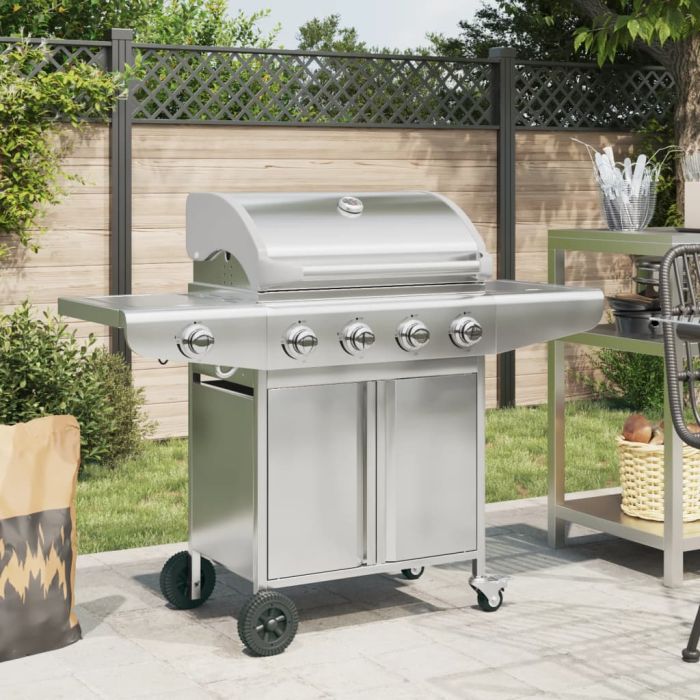 Gas BBQ Grill with 5 Burners Silver Stainless Steel - vid-367592
