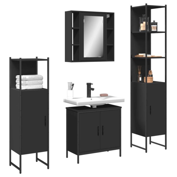 4 Piece Bathroom Cabinet Set Black Engineered Wood