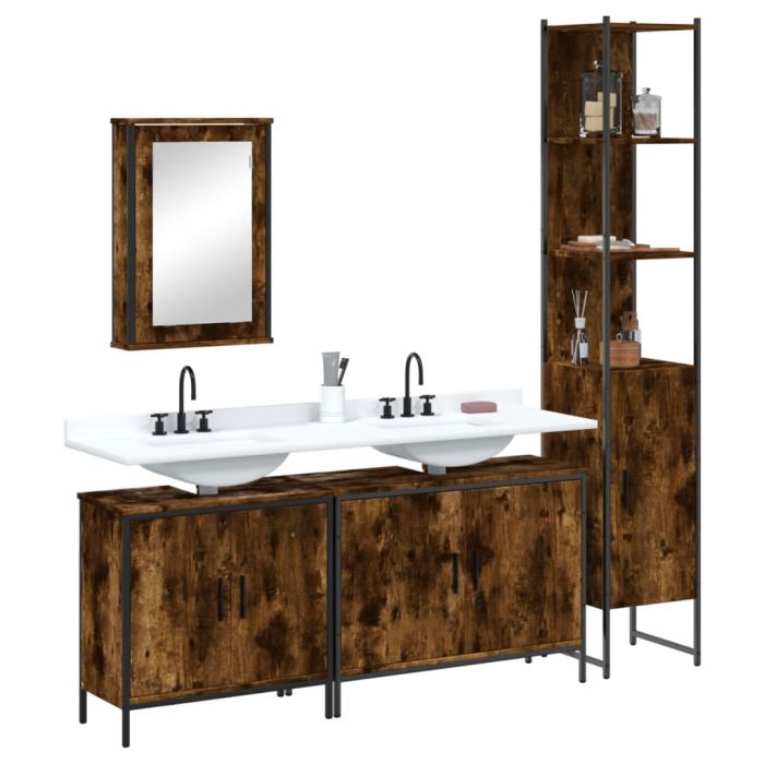 4 Piece Bathroom Furniture Set Smoked Oak Engineered Wood - vid-3214812