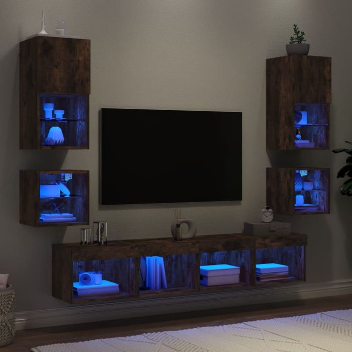8 Piece TV Wall Units with LED Smoked Oak Engineered Wood